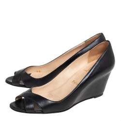 Pre Owned Christian Louboutin Black Leather Riveto Peep Toe Wedge Sandals Size 38