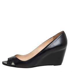 Pre Owned Christian Louboutin Black Leather Riveto Peep Toe Wedge Sandals Size 38