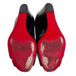 Pre Owned Christian Louboutin Black Leather Riveto Peep Toe Wedge Sandals Size 38