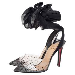 Pre Owned Christian Louboutin Black PVC And Lace Up Spikaqueen Studded Accent Wrap Up Pumps Size 38.5