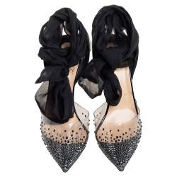 Pre Owned Christian Louboutin Black PVC And Lace Up Spikaqueen Studded Accent Wrap Up Pumps Size 38.5