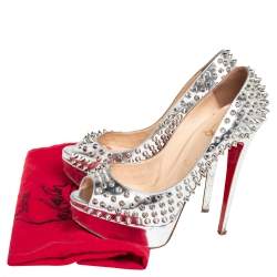Pre Owned Christian Louboutin Silver Leather Lady Peep Toe Spikes Pumps Size 38