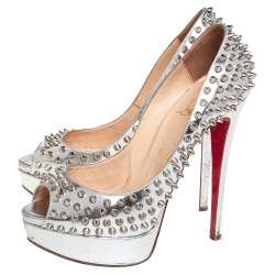 Pre Owned Christian Louboutin Silver Leather Lady Peep Toe Spikes Pumps Size 38