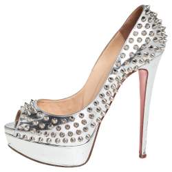 Pre Owned Christian Louboutin Silver Leather Lady Peep Toe Spikes Pumps Size 38