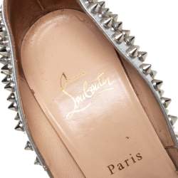 Pre Owned Christian Louboutin Silver Leather Lady Peep Toe Spikes Pumps Size 38