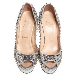 Pre Owned Christian Louboutin Silver Leather Lady Peep Toe Spikes Pumps Size 38
