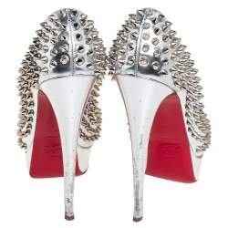 Pre Owned Christian Louboutin Silver Leather Lady Peep Toe Spikes Pumps Size 38
