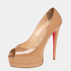 Christian Louboutin Beige Patent Leather Palais Royal Peep Toe Platform Pumps Size 40.5