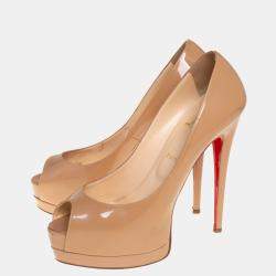 Christian Louboutin Beige Patent Leather Palais Royal Peep Toe Platform Pumps Size 40.5