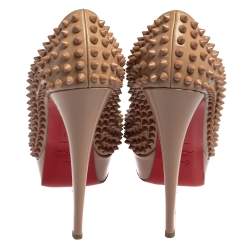 Pre Owned حذاء كعب عالى كريستيان لوبوتان سبايك مقدمة مفتوحة ليدى جلد لامع بيج مقاس 38.5