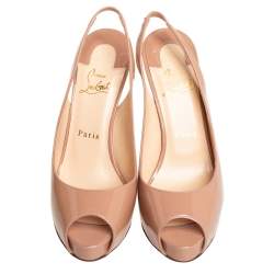 Christian Louboutin Beige Patent Leather Private Number Peep Toe Platform Slingback Sandals Size 38