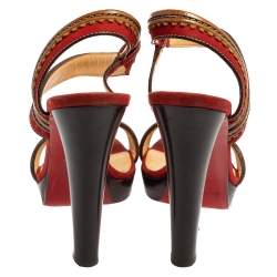 Christian Louboutin Red/Brown Leather And Suede Trepi City Sandals Size 39.5