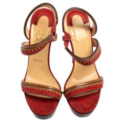 Christian Louboutin Red/Brown Leather And Suede Trepi City Sandals Size 39.5