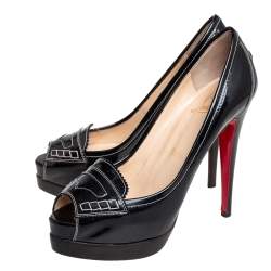 مملوكة مسبقًا Christian Louboutin Black Patent Leather Peniche Peep-Toe Pumps Size 38.5