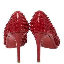 Pre Owned Christian Louboutin Red Patent Leather Pigalle Spikes Pumps Size 37.5