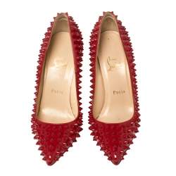 Pre Owned Christian Louboutin Red Patent Leather Pigalle Spikes Pumps Size 37.5