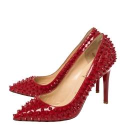 Pre Owned Christian Louboutin Red Patent Leather Pigalle Spikes Pumps Size 37.5