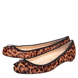 Pre Owned Christian Louboutin Brown/Beige Leopard Print Calf Hair Bow Ballet Flats Size 37