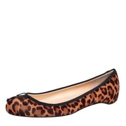Pre Owned Christian Louboutin Brown/Beige Leopard Print Calf Hair Bow Ballet Flats Size 37