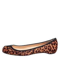 Pre Owned Christian Louboutin Brown/Beige Leopard Print Calf Hair Bow Ballet Flats Size 37