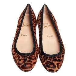 Pre Owned Christian Louboutin Brown/Beige Leopard Print Calf Hair Bow Ballet Flats Size 37