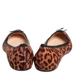 Pre Owned Christian Louboutin Brown/Beige Leopard Print Calf Hair Bow Ballet Flats Size 37