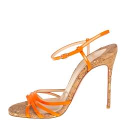 Pre Owned Christian Louboutin Orange Leather Belbride Ankle Strap Sandals Size 38.5