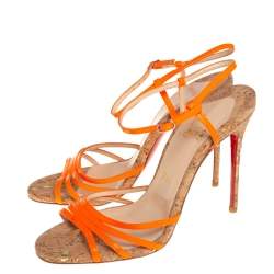 Pre Owned Christian Louboutin Orange Leather Belbride Ankle Strap Sandals Size 38.5