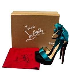 Pre Owned Christian Louboutin Turquoise Vampanodo Satin Bow Sandals Size 35.5