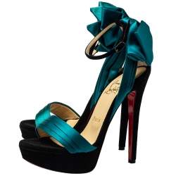 Pre Owned Christian Louboutin Turquoise Vampanodo Satin Bow Sandals Size 35.5