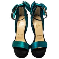 Pre Owned Christian Louboutin Turquoise Vampanodo Satin Bow Sandals Size 35.5