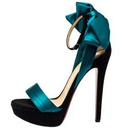 Pre Owned Christian Louboutin Turquoise Vampanodo Satin Bow Sandals Size 35.5