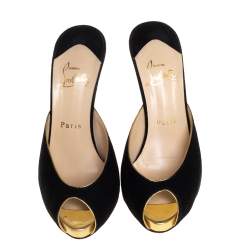 Pre Owned Christian Louboutin Black Suede Peep Toe Mules Size 36.5