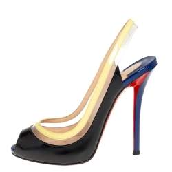 Pre Owned Christian Louboutin Tricolor Patent Leather And PVC Paulina Pointed Toe Slingback Sandals Size 36
