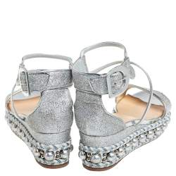 Christian Louboutin Silver Lurex Fabric Chocazeppa Wedge Platform Espadrille Sandals Size 39
