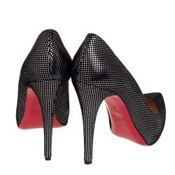 Pre Owned Christian Louboutin Black Suede with Metallic Silver Polka Dots Platform Pumps Size 37