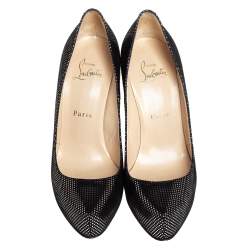 Pre Owned Christian Louboutin Black Suede with Metallic Silver Polka Dots Platform Pumps Size 37