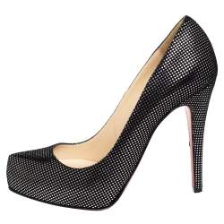 Pre Owned Christian Louboutin Black Suede with Metallic Silver Polka Dots Platform Pumps Size 37