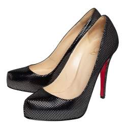 Pre Owned Christian Louboutin Black Suede with Metallic Silver Polka Dots Platform Pumps Size 37