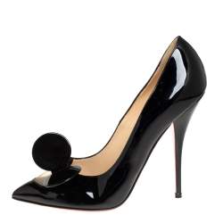 Pre Owned Christian Louboutin Black Patent Leather and Mesh Bow Pumps Size 40