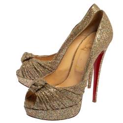 Christian Louboutin Metallic Gold Glitter Fabric Knotted Peep Toe Pumps Size 39
