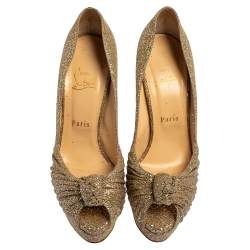 Christian Louboutin Metallic Gold Glitter Fabric Knotted Peep Toe Pumps Size 39