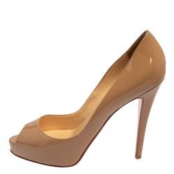 Pre Owned Christian Louboutin Beige Patent Leather New Very Prive Peep Toe Platform Pumps Size 39.5