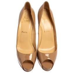 Pre Owned Christian Louboutin Beige Patent Leather New Very Prive Peep Toe Platform Pumps Size 39.5