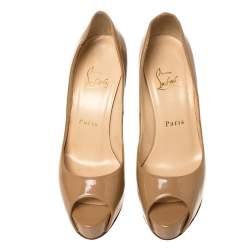 Pre Owned Christian Louboutin Beige Patent Leather New Prive Platform Pumps Size 36.5