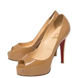 Pre Owned Christian Louboutin Beige Patent Leather New Prive Platform Pumps Size 36.5