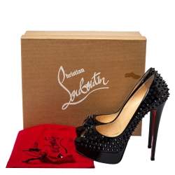 Pre Owned Christian Louboutin Black Patent Leather Lady Peep Toe Spike Platform Pumps Size 39