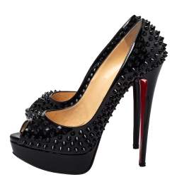 Pre Owned Christian Louboutin Black Patent Leather Lady Peep Toe Spike Platform Pumps Size 39