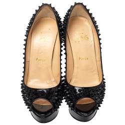 Pre Owned Christian Louboutin Black Patent Leather Lady Peep Toe Spike Platform Pumps Size 39