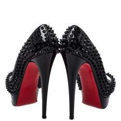 Pre Owned Christian Louboutin Black Patent Leather Lady Peep Toe Spike Platform Pumps Size 39